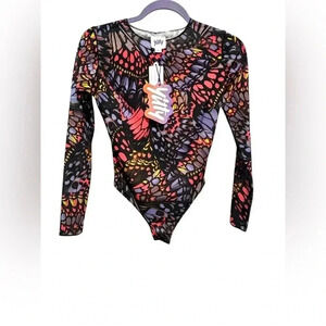 Yitty Mesh Me Smoothing Sleeved Thong Bodysuit XS NWT Butterfly Print New